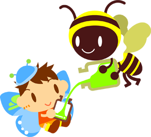 ミツバチから黄緑色の液体をもらうチョウチョ姿の男の子イラスト